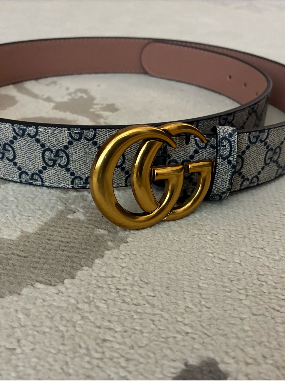 Gucci Beige and Blue GG Supreme Belt with Gold Double G Buckle